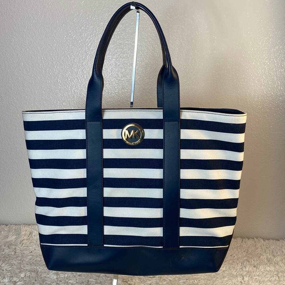 Michael Kors Fulton Canvas Striped Large Tote, Navy/White